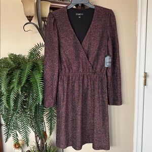 Brand New INC Metallic Knit A-Line Dress Black & Fire Red Long Sleeve Cocktail